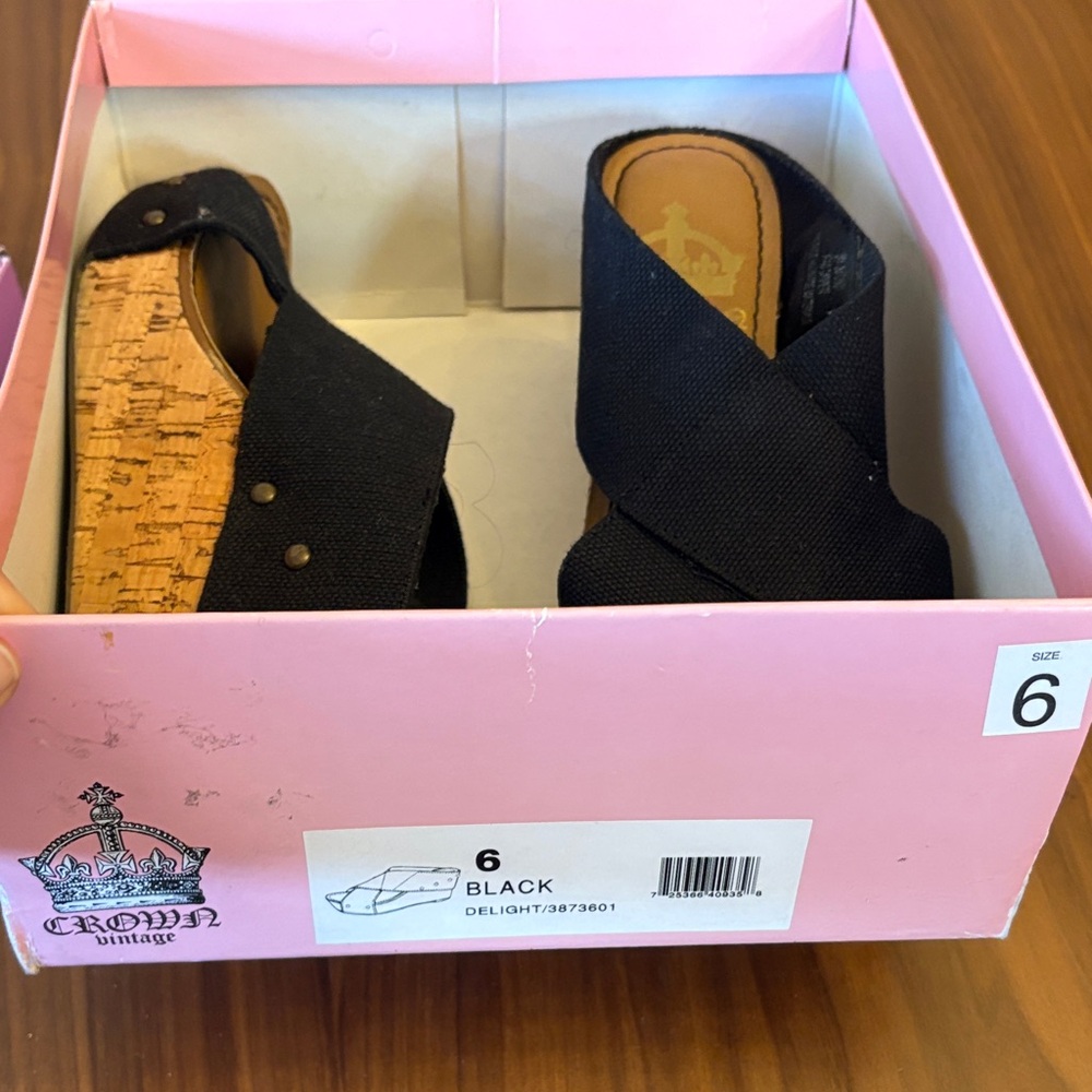 Crown Vintage Black Cork-Platform Crisscross Wedge Sandals